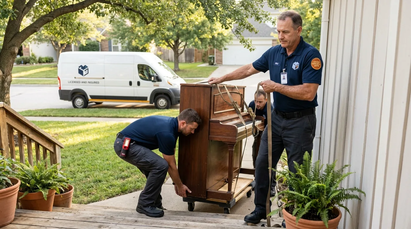 Licensed piano movers securing grand piano in Sunbury, OH