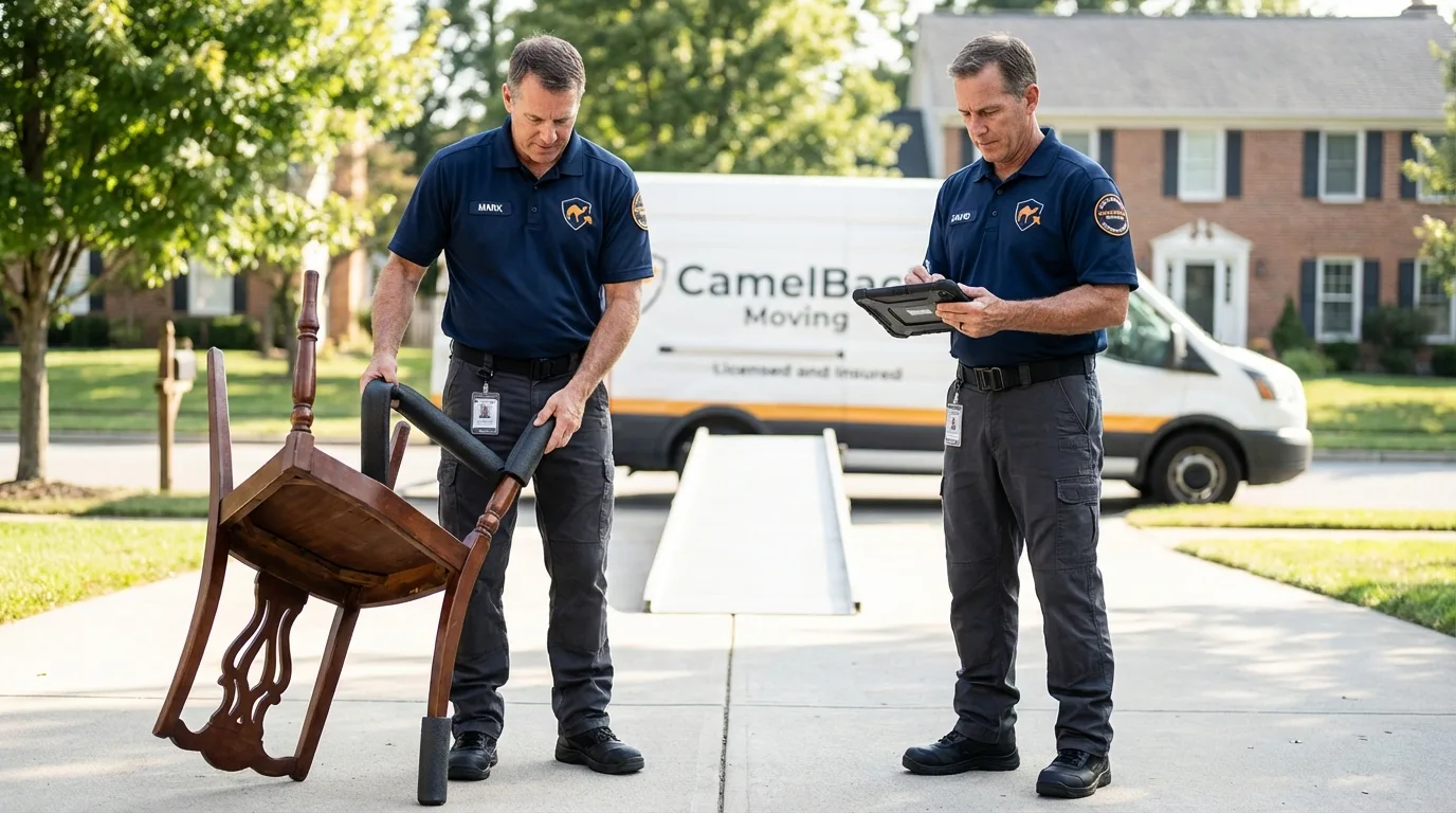 Movers inspecting furniture for damage prevention before loading in Sunbury, OH