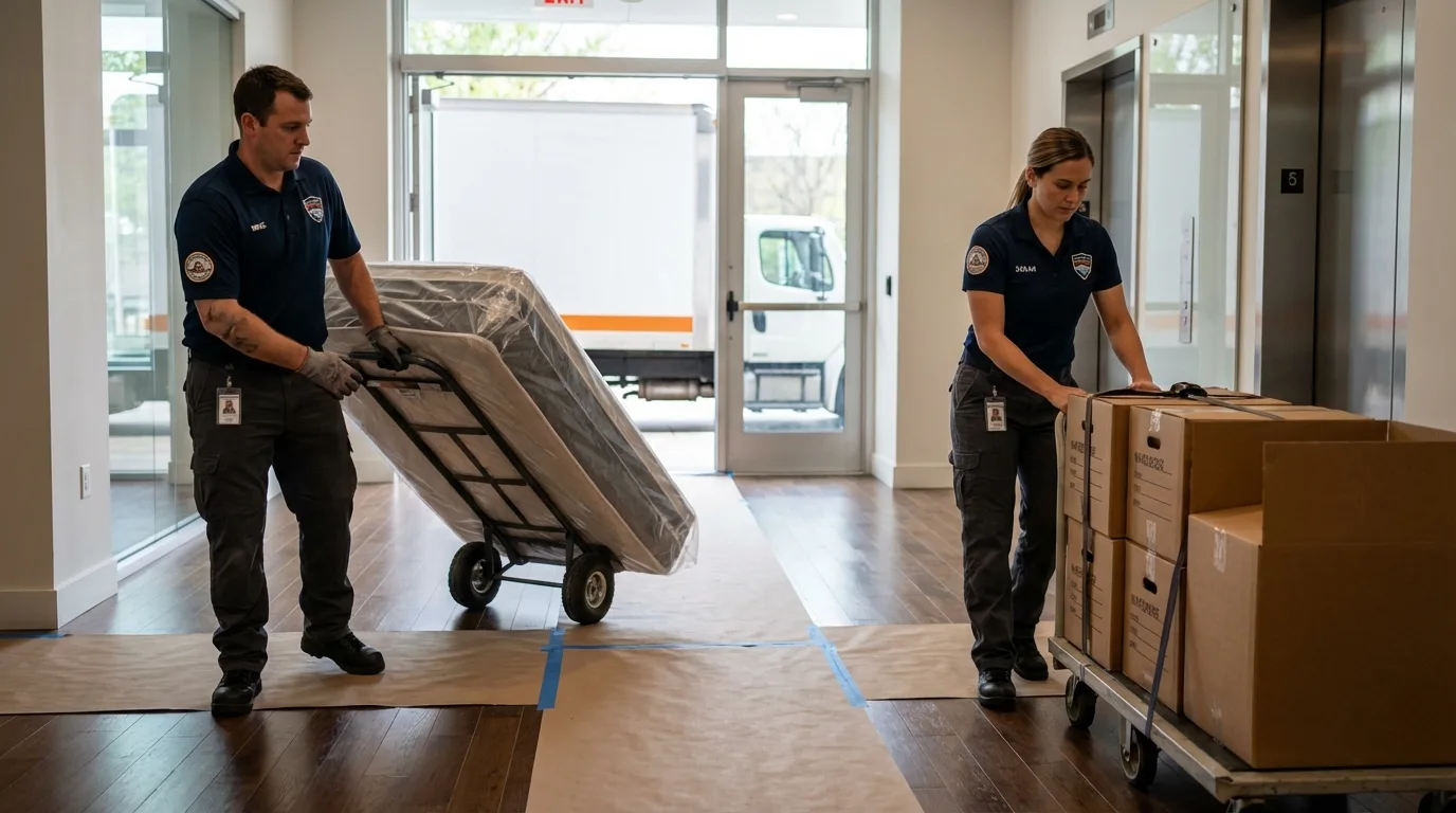 Professional apartment movers loading elevator in Sunbury, OH
