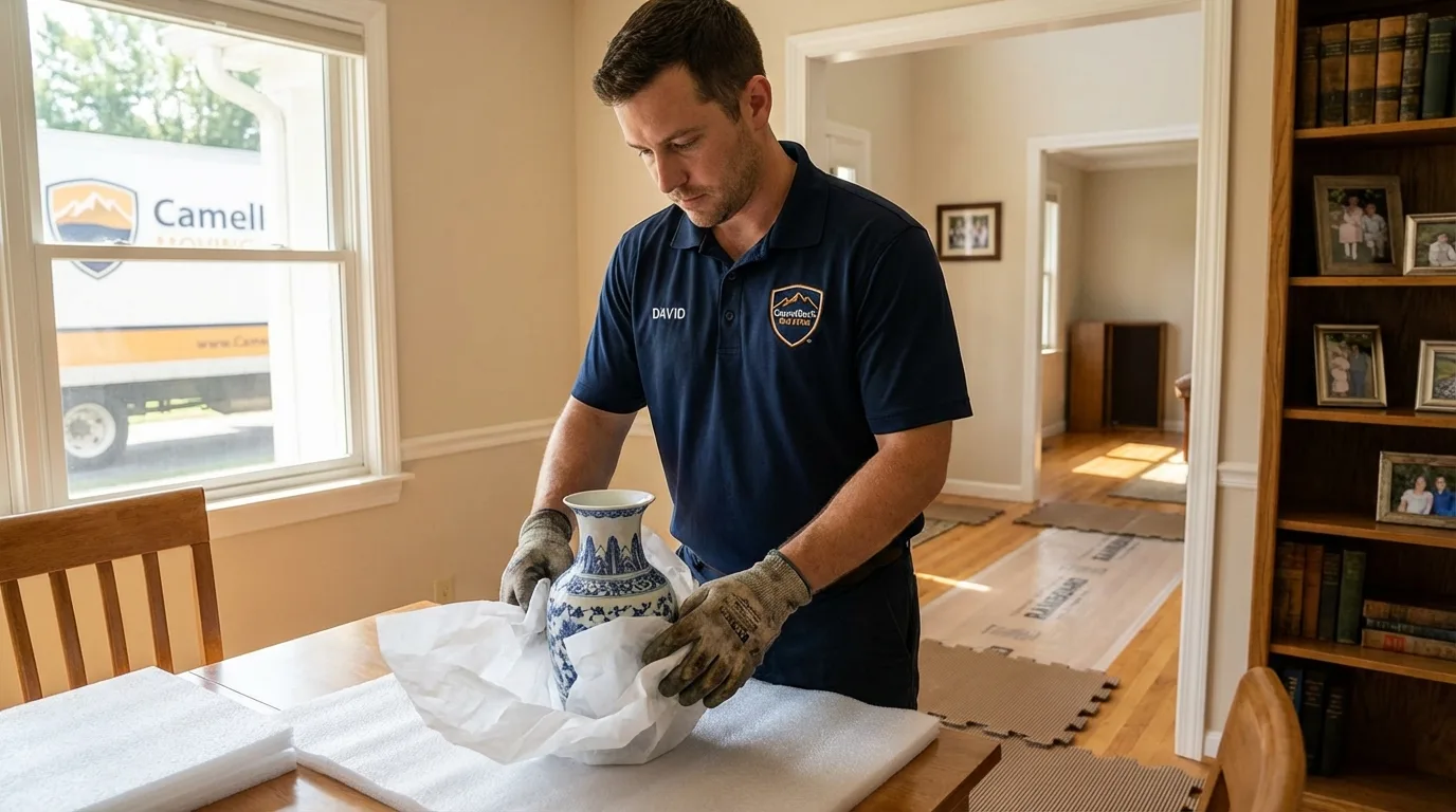 Professional crew carefully wrapping antique vase for senior downsizing move in Sunbury, OH